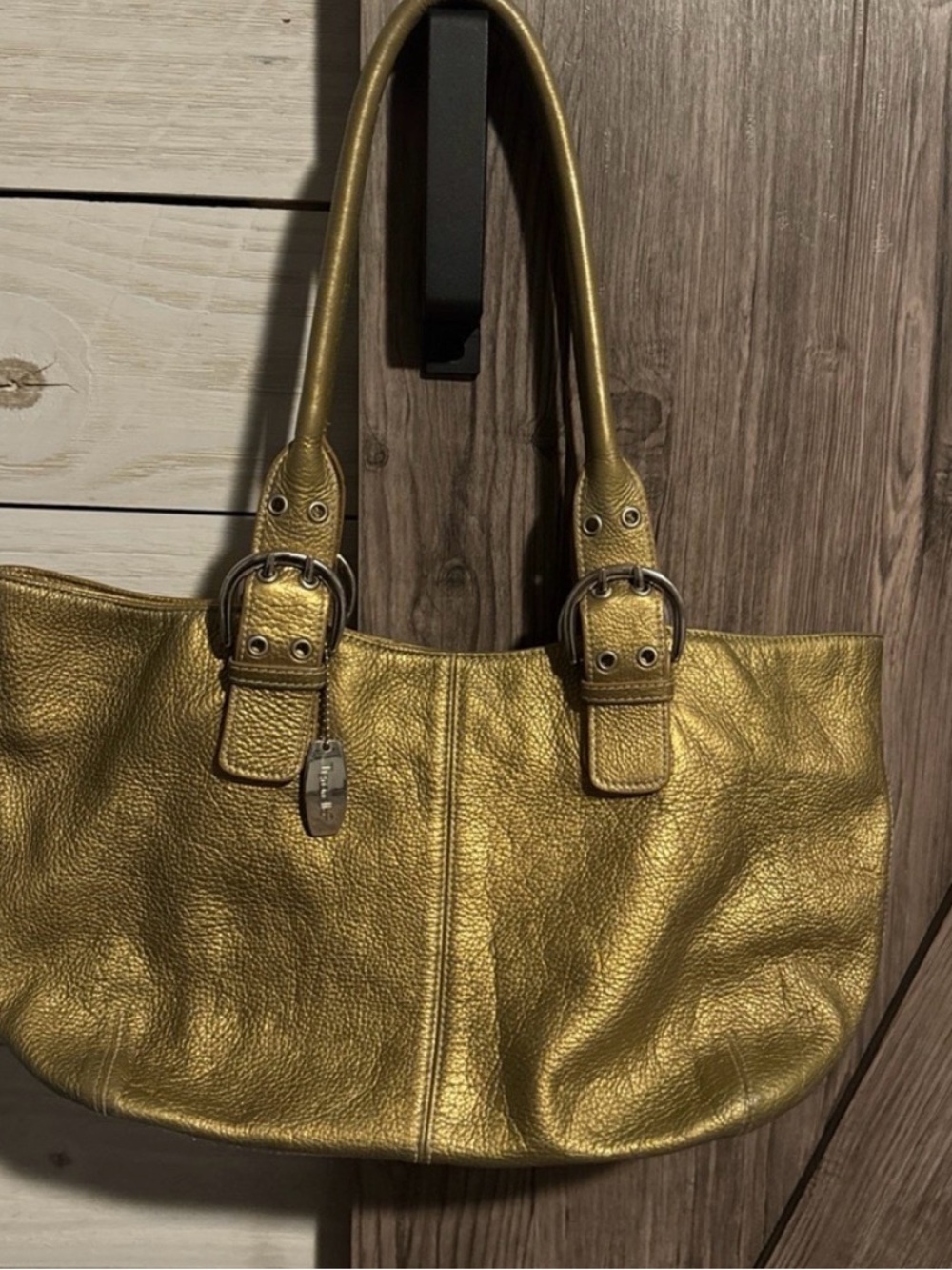 Tignanello Metallic Gold Leather Tote Handbag LG Shoulder Purse Pebbled Leather